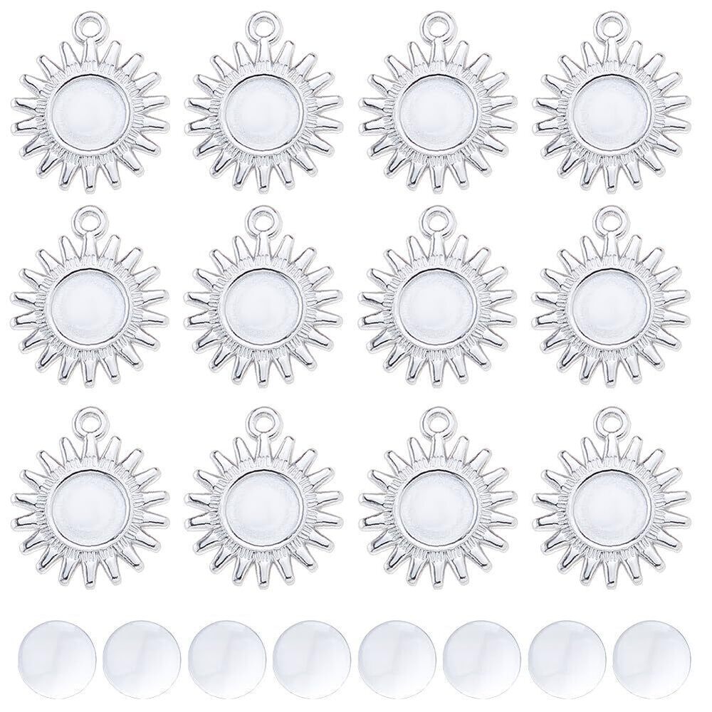 9793 12 Sets Sun Pendant Tray Stainless Steel Pendant Cabochon Setting Sun